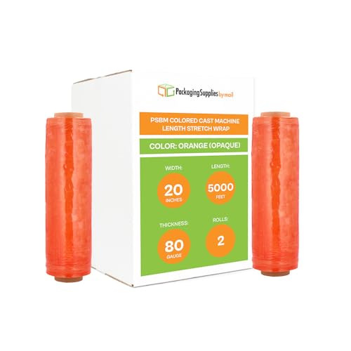 PSBM 2 Rolls 20 Inch x 5000 Feet 80 Gauge Orange Machine Stretch Film/Wrap, Heavy Duty Industrial Strength Shrink Plastic Wrap for Moving, Packing, Shipping, Pallet Wrapping & Storage - color: Orange, size: 2 Rolls