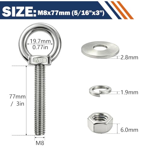 4 Pack M8 Stainless Steel Eye Bolts with Nuts, 5/16"x3" Long Lifting Ring Eye Bolt,Eye Bolts Heavy Duty for Hang Tie Down Outdoor (4, M8x77mm (5/16"x3")) - size: M8x77mm (5/16"x3")