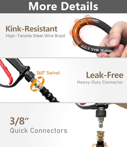 Pressure Washer Hose 50FT with 3/8'' Quick Connect, 4200 PSI - color: Black, size: 50FT