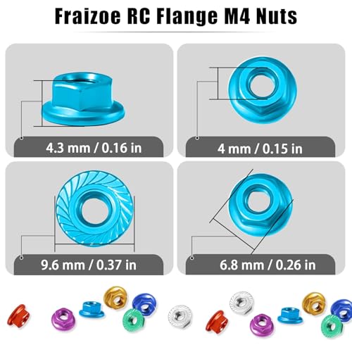 Flange M4 Lock Nuts Aluminum Alloy Serrated Nylon Self-Tightening M4 Wheel Hardware for Traxxas Redcat Arrma Axial HPI TLR ECX Model RC Car Crawler Truck Buggy Upgraded Parts, 4 Pcs - color: Blue, size: 4Pcs