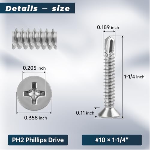 Glvaner 50pcs #10 x 1-1/4" Phillips Flat Head Self Drilling Screws, Stainless Steel 410, Flat Head Self Quick Self Tapping Screws for Sheet Metal Wood Plastic, Without Pre-drilled Holes - size: #10 x 1-1/4