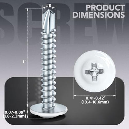 200 PCS #8 x 1 Sheet Metal Screws, Phillips Modified Truss Head Self Drilling Screws, Zinc-Plated, White Head Self Tapping Screws for Metal, Wood, Plastic, Double-Ended Bit Included - color: White, size: #8 x 1"