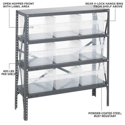 Quantum Storage 1239-SB809 Store-Max Steel Shelf Bin Organizer System, 9 8"H Hopper-Front Bins, 4-Shelf Unit, 400 lb Per Shelf, for Warehouse, Shop, Garage & Stockroom, 12"D x 36"W x 39"H, Clear - size: 39" H x 36" W x 12" D, style: 12" L x 12" W x 8" H 9