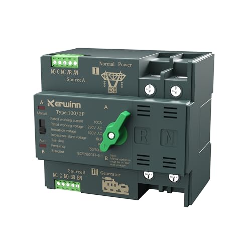 Mini ATS Automatic Transfer Switch 100 amp Manual Power Transfer Switch 220V Dual Power Electrical Selector Switches DIN Rail Mount （2P） - size: 2P, style: 220V