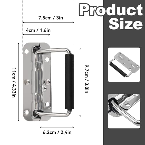 2 Pcs Spring Loaded Handle,Heavy Duty Stainless Steel Chest Handle, Rubber Grip Folding Handles for Toolbox Chest Case Trunks Crates Storage Boxes (2, Silver) - color: Silver