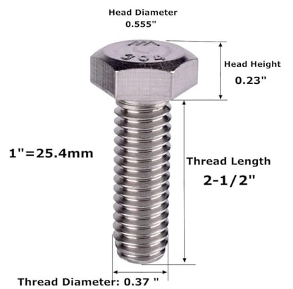3/8-16 x 2-1/2" Hex Bolt (1/2" to 3" Available),External Hex Head Screw, Fully Threaded, 304 Stainless Steel 18-8, 5Pcs - size: 3/8-16 x 2-1/2" (5Pcs)