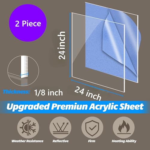 Plexiglass Sheets - 24x24 Inches, 1/8 Inch (3mm) Thick, Clear Cast Acrylic Panel - Pack of 2, Shatterproof & Lightweight Acrylic-Glass for DIY, Craft, Signage, Displays & Protection - size: 2 Pack 24x24inch 1/8 thick