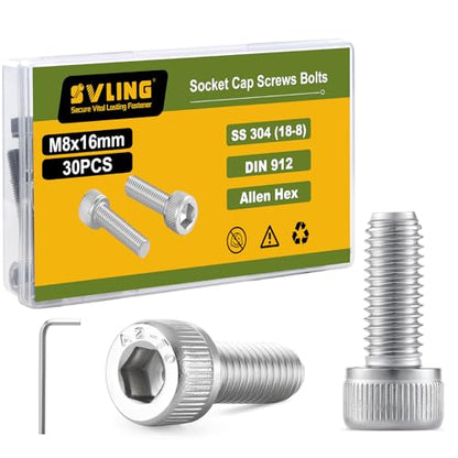 M8-1.25 x 16mm Bolt, 30PCS M8 Hex Socket Head Cap Screws Bolts, 304 Stainless Steel 18-8, Full Threads, Allen Socket Drive, with Hex Spanner - size: M8x16mm