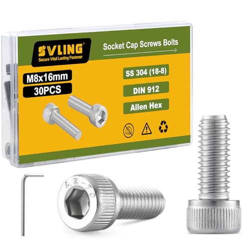 M8-1.25 x 16mm Bolt, 30PCS M8 Hex Socket Head Cap Screws Bolts, 304 Stainless Steel 18-8, Full Threads, Allen Socket Drive, with Hex Spanner - size: M8x16mm