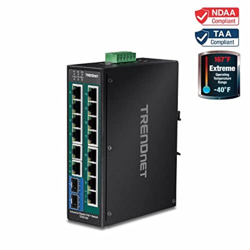 TRENDnet 16-Port Industrial Unmanaged Gigabit PoE+ DIN-Rail Switch,TI-PG162 - style: 14 Port Switch w/ 2 SFP Slots