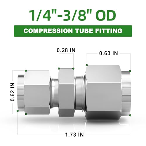 TAISHER 5PCS 304 Stainless Steel Compression Tube Pipe Fitting Connector, 3/8" Tube OD x 1/4" Tube OD - size: 3/8" OD x 1/4" OD
