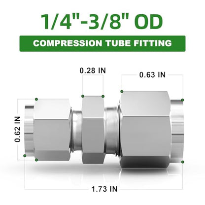 TAISHER 5PCS 304 Stainless Steel Compression Tube Pipe Fitting Connector, 3/8" Tube OD x 1/4" Tube OD - size: 3/8" OD x 1/4" OD