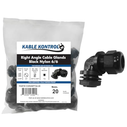 Kable Kontrol Nylon Cable Glands 3/4” Right Angle Joint Elbow Gland 14 NPT 20 Pcs Cord Grip, Strain Relief, Waterproof Adjustable Locknut for Industrial Use, Flame Retardant, RoHS Compliant - size: 0.75” - 14 NPT - 20 Pcs