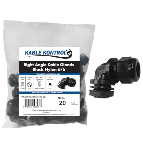 Kable Kontrol Nylon Cable Glands 3/4” Right Angle Joint Elbow Gland 14 NPT 20 Pcs Cord Grip, Strain Relief, Waterproof Adjustable Locknut for Industrial Use, Flame Retardant, RoHS Compliant - size: 0.75” - 14 NPT - 20 Pcs