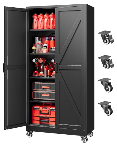 71"Metal Garage Storage Cabinets with Wheels & Adjustable 4 Shelves - color: Black, size: 71"H x 31.5"W x 15.7"D