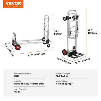 VEVOR Aluminum Folding Hand Truck, 2 in 1 Design 400 lbs Capacity, Heavy Duty Industrial Collapsible cart, Dolly Cart with Rubber Wheels for Transport and Moving in Warehouse, Supermarket, Garden - size: 400 lbs