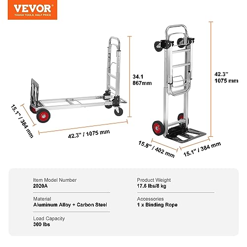 VEVOR Aluminum Folding Hand Truck, 2 in 1 Design 400 lbs Capacity, Heavy Duty Industrial Collapsible cart, Dolly Cart with Rubber Wheels for Transport and Moving in Warehouse, Supermarket, Garden - size: 400 lbs