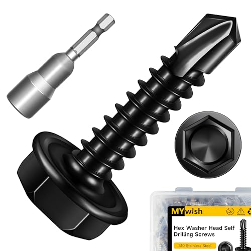 Mywish 100pcs #8 x 3/4" Self Drilling Screws for Metal, 410 Stainless Steel Hex Washer Head Self Drilling Screws, Black Oxided Self Tapping Sheet Metal Tek Screw Fast Tapping - size: #8x3/4"(100pcs)