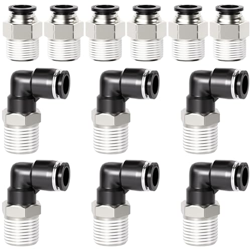 TAILONZ PNEUMATIC Elbow and Straight Combination 1/2 Inch Tube OD x 1/2 Inch NPT Thread Push to Connect Fittings PC-1/2-N4+PL-1/2-N4(Pack of 12) - size: 1/2"OD x 1/2"NPT