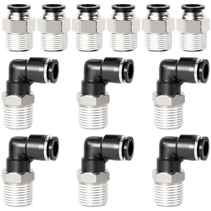 TAILONZ PNEUMATIC Elbow and Straight Combination 1/2 Inch Tube OD x 1/2 Inch NPT Thread Push to Connect Fittings PC-1/2-N4+PL-1/2-N4(Pack of 12) - size: 1/2"OD x 1/2"NPT