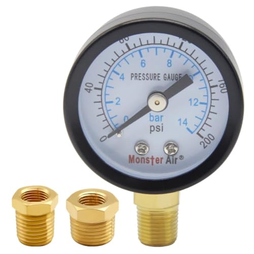 Uenede 0-200PSI Pressure Gauge 1/8" NPT Brass Bottom Mount with Bushing - size: 200PSI(1/8"NPT)