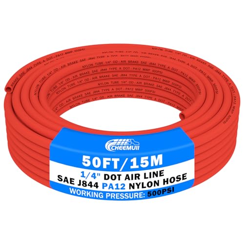 CheeMuii 50FT 1/4" DOT Air Line 1/4 Air Hose PA12 Nylon Pneumatic Tubing - color: Red, size: 1/4"OD-50FT