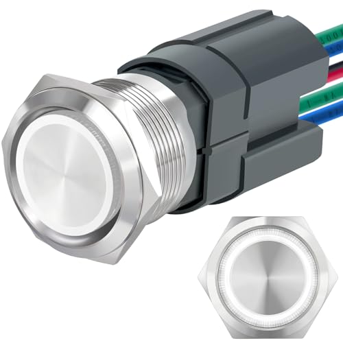 UL Listed 15Amp 22mm Momentary Push Button Switch, IP67 Waterproof, DPST 2NO, Stainless Steel 304, On Off Switch with Wire Socket, 110V White LED. - color: White, size: Momentary 120V