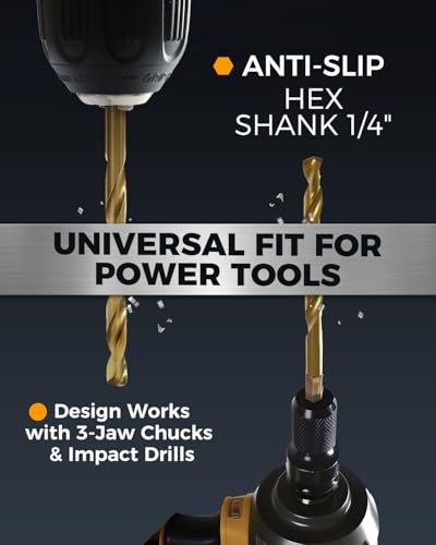 COMOWARE Titanium Impact Drill Bit Set 30Pcs Hex Shank HSS, 1/16"-1/2" - color: Gold 30pcs