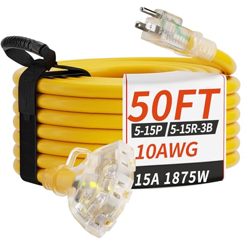 PlugSaf 50 FT 10 Gauge Outdoor Extension Cord with Multiple Outlets Yellow - size: 50FT