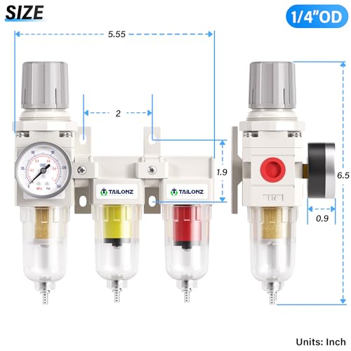 TAILONZ PNEUMATIC 0-150PSI 1/4 Inch NPT Grade 3 Stage Air Drying System, Particulate Filter, Air Filter Pressure Regulator Combo Piggyback, Air Tool Compressor Filter with Gauge (Semi-Auto Drainage） - size: 1/4 Inch NPT