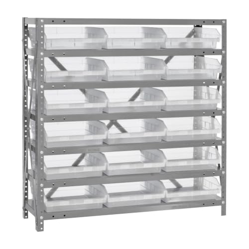 Quantum Storage Systems 1239-109CL Clear-View Sloped Shelving Unit with 4" Shelf Bins, 18 QSB109 Shelf Units, 12" D x 36" W x 39" H - size: 39" H x 36" W x 12" D, style: 12" L x 12" W x 4" H 18 Economy Clear Bins