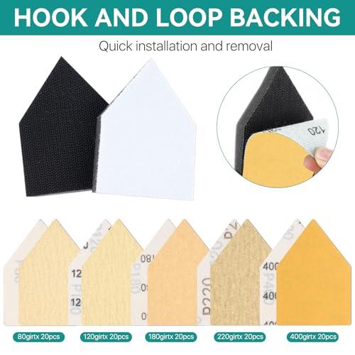 Supkiir 100 Pcs 80/120/180/220/400 Grit Triangle Sanding Sheets and 2 Sanding Interface Pads Compatible with Milwaukee M12 Sander, Heavy-Duty Hook & Loop Sanding Paper for Wood Finishing Detail Sander