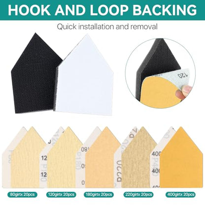 Supkiir 100 Pcs 80/120/180/220/400 Grit Triangle Sanding Sheets and 2 Sanding Interface Pads Compatible with Milwaukee M12 Sander, Heavy-Duty Hook & Loop Sanding Paper for Wood Finishing Detail Sander