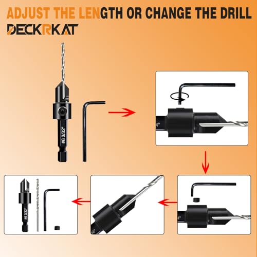 DECKRKAT 12-Piece Countersink Drill Bit Set - 3-in-1 Wood Counterbore Kit for #6#8#10#12#16 Screws | 82° Chamfer, Depth Adjustable | 5 Spare Bits,2 Limit Rings,Hex Key,Case. - size: 12 Pack Countersink Drill Bits
