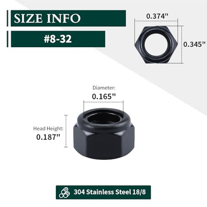 EASTLO #8-32 Lock Nuts Black, Nylon Insert Locknuts 304 Stainless Steel A2-70 Grade, Self Clinching Nuts, Coarse Thread, 100 PCS - size: #8-32