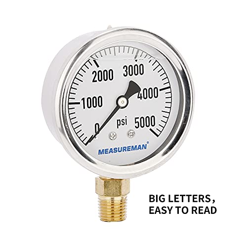 MEASUREMAN 2-1/2inch Dial Size, Glycerin Filled Plumbing Pressure Gauge, 0-5000psi, Stainless Steel Case, 1/4inchNPT Lower Mount - size: 0-5000 psi, style: Lower Mount