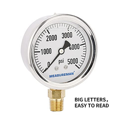 MEASUREMAN 2-1/2inch Dial Size, Glycerin Filled Plumbing Pressure Gauge, 0-5000psi, Stainless Steel Case, 1/4inchNPT Lower Mount - size: 0-5000 psi, style: Lower Mount
