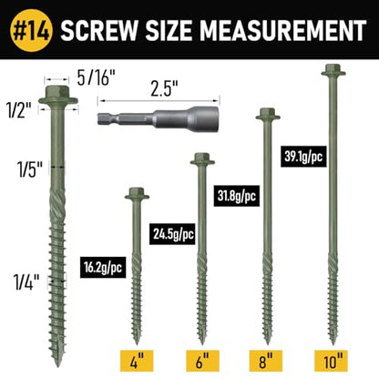 [Pack of 50] #14 x 4 Wood Structural Screws, Green Coated Heavy Duty Hex Head Timber/Log/Landscaping Wood Screws, Rust Resistant, Hex Socket Included - color: Green, size: #14 x 4"