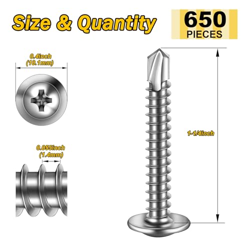 Mywish 650pcs #8×1-1/4" Self Tapping Screws for Metal, Sheet Metal Screws 410 Stainless Steel Truss Head Self Drilling Screws High-Strength Quick Tapping Screws - color: Silver, size: #8x1-1/4" (650 pcs)