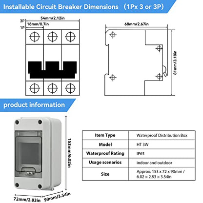 IP65 Waterproof 3-Way Distribution Box with DIN Rail - color: 3 Way