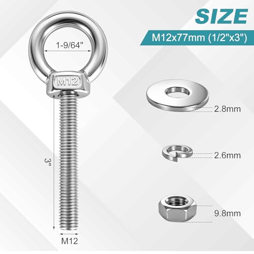 304 Stainless Steel Eye Bolt, M12x77mm (1/2"x3") Heavy Duty Eye Bolts with Nuts Washers, 2 Pack Lifting Ring Eye Bolt for Hanging String Lights Outdoor Tie Down - size: M12x77mm(1/2"x3")
