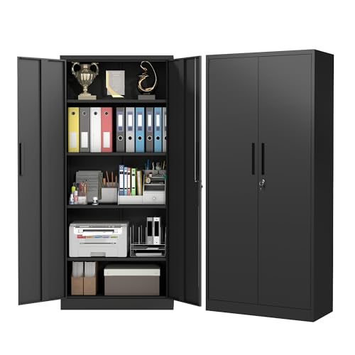 Metal Storage Cabinet with 2 Doors and 4 Adjustable Shelves, 71" Garage Storage Cabinet with Anti-Tipping Design, Lockable Garage Cabinets for Office, Home, Garage, Gym, School - size: 70.87"H x 15.75"D x 31.5"W