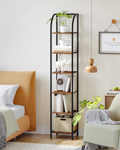 Hzuaneri Bookshelf Narrow Bookcase, Tall Storage Rack with Steel Frame - color: Rustic Brown, size: 11.8 × 13.2 × 71.9 inch