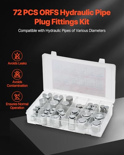 VEVOR 72 PCS ORFS Hydraulic Fittings, O Ring Face Seal Fitting Kit, Hydraulic Hose Tube and Pipe Fittings, Cap and Plug Set for Hydraulics, O Ring Assortment Kit Precision Thread, Sizes 4 6 8 10 12 16