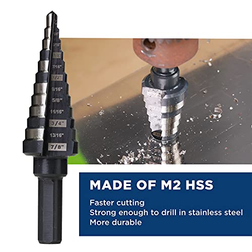 M2 HSS Step Drill Bit Unibit, 3/16"-7/8", Metal Wood Plastic - size: 3/16" to 7/8"
