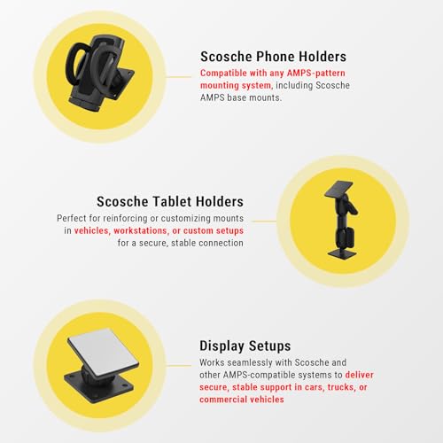 Scosche Universal Steel 4-Hole AMPS Mounting Plate, Heavy-Duty Back Support Plate to Reinforce Any Dash Mount Phone Holder or Tablet Stand with AMPS Pattern Base, Includes M4 Screws, Nuts and Washers