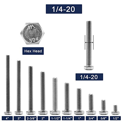 1/4-20 x 4 Hex Head Screw Bolt, 20Pcs 18-8 (304) Stainless Steel, Fully Threaded, Plain Finish, by SG TZH - size: 1/4-20 x 4"