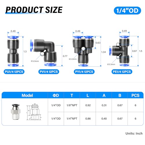 TAILONZ 1/4" Push to Connect Fittings Kit 60Pcs - color: Blue, size: 1/4"OD/60PCS