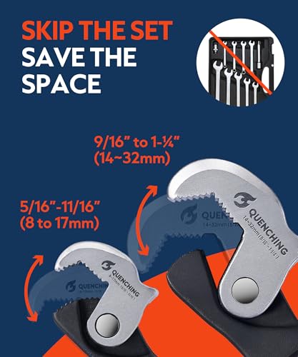 QUENCHING 2-Piece Self-Adjusting Crowfoot Wrench Set, 7.5" (5/16"–11/16", 8–17mm) & 9.5" (9/16"–1-1/4", 14–32mm), Rust Resistant Power Grip, Space-Saving Tool for Car & Home Repairs - size: 2-Piece Set (7.5" + 9.5")