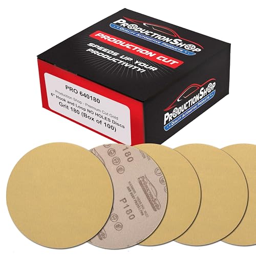 ProductionShop Premium 180 Grit 6" Gold Sanding Discs, Box of 100 - Hook & Loop Backing Abrasive Sandpaper for DA & Random Orbital Sanders - Sand Automotive Paint, Metal, Wood, Woodworking Furniture - style: 180 Grit